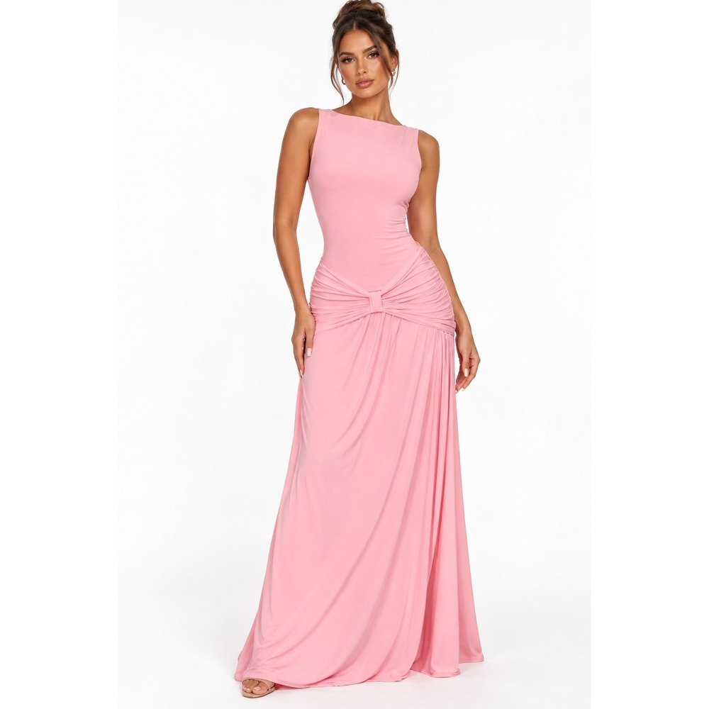 PrettyLittleThing Baby Pink Slinky Boat Neck Wrap Detail Maxi Dress US 8 NEW